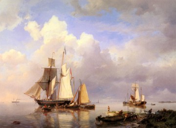 Hermanus Koekkoek Sr Painting - Los buques anclados en el estuario con el pescador Hermanus Snr Koekkoek seascape barco